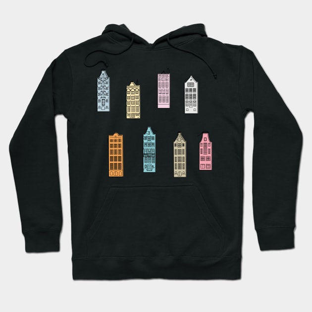 Facades of old canal houses from Amsterdam City rainbow colorful illustration Hoodie by sinemfiit